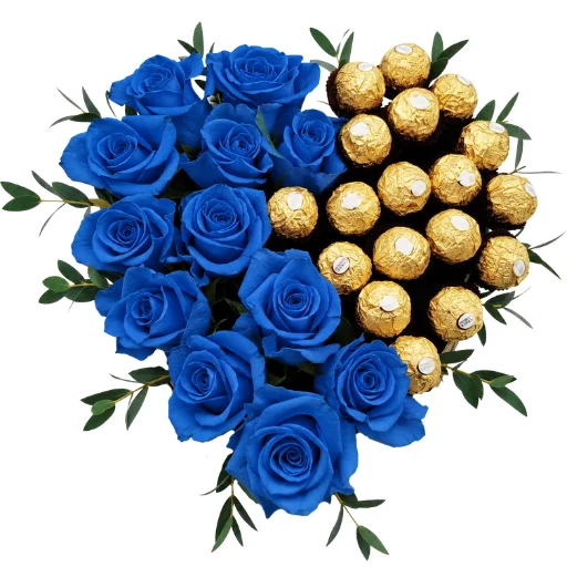Arreglo floral corazon de 12 rosas azules y chocolates